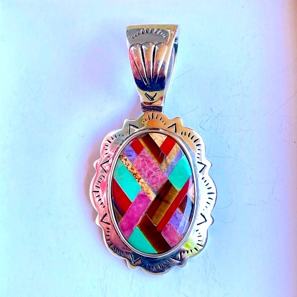 Vintage Jewelry - Vintage 925 Sterling Silver Pendant with Multicolour Stone Inlay